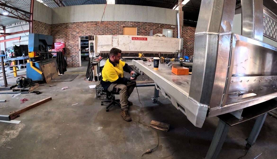 TIG welding an aluminium ute tray at Freedom Fabrication